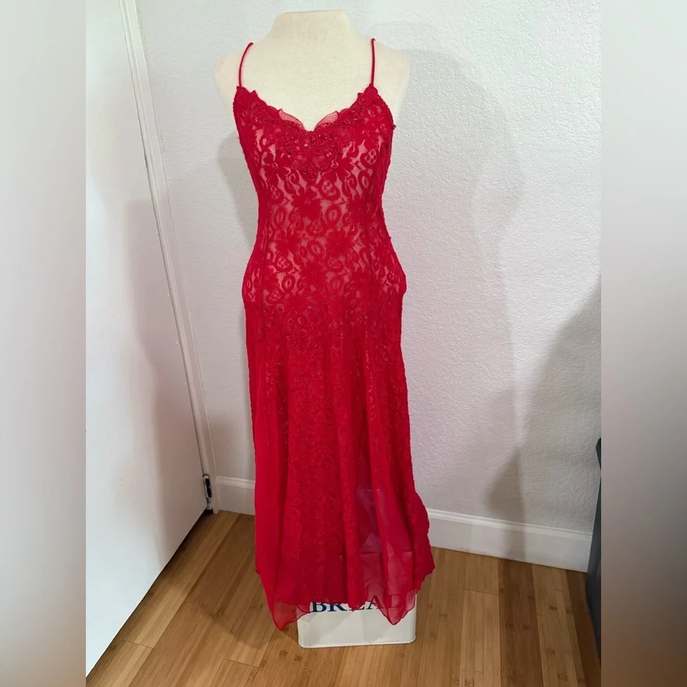 Vintage Shirley Red Floral Lace Floor Length Nightgown - Picture 2 of 15